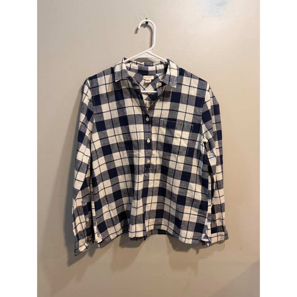 J.Crew Navy White Plaid Cotton Popover Shirt Womens Small C8263 Long Sleeve